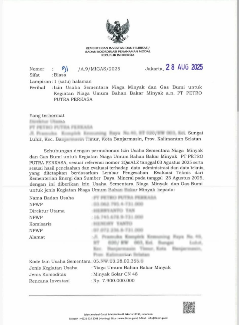 Izin Usaha Niaga Migas — PT Petro Putra Perkasa
