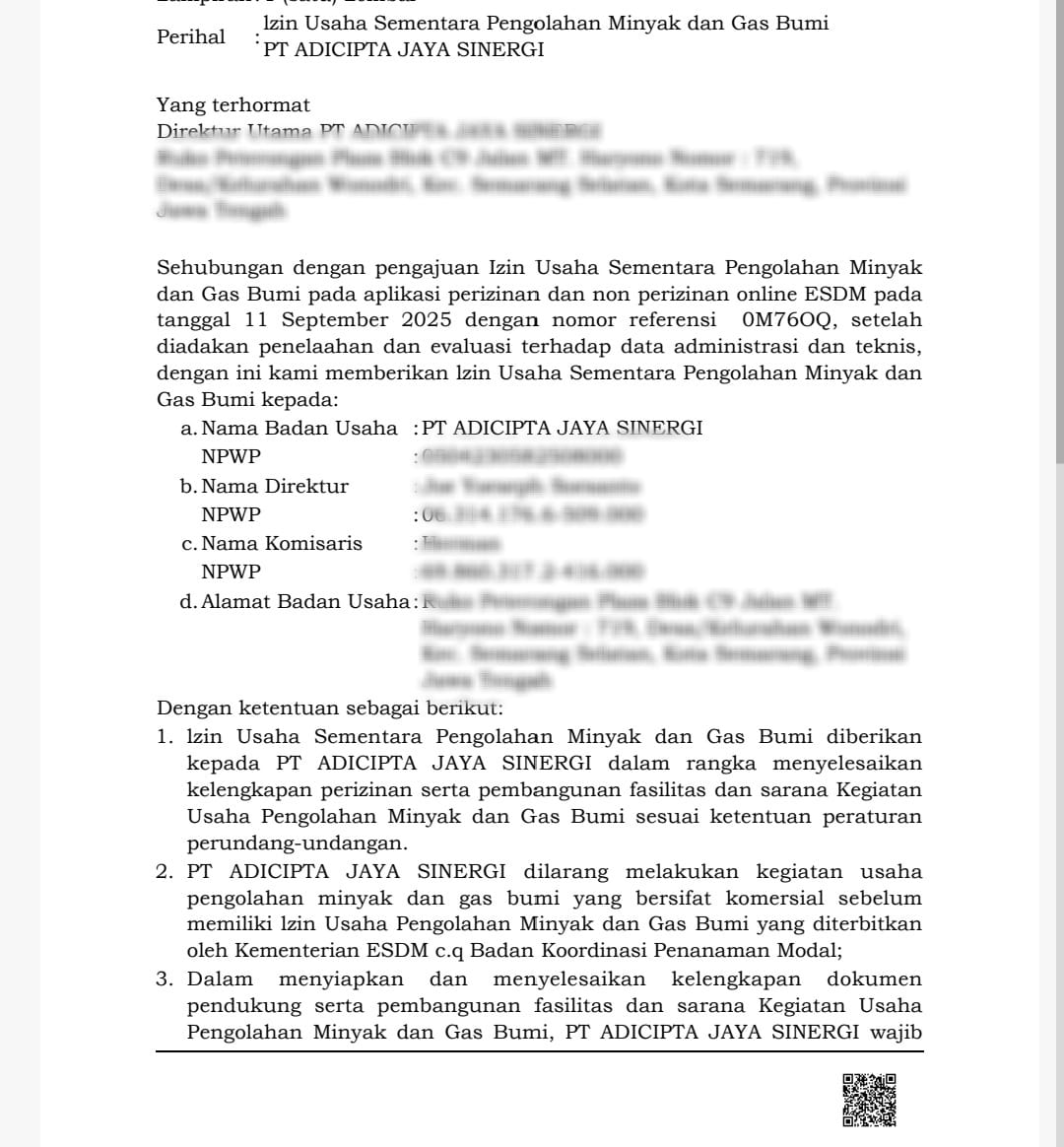 Izin Usaha Pengolahan Migas — PT Adicipta Jaya Sinergi